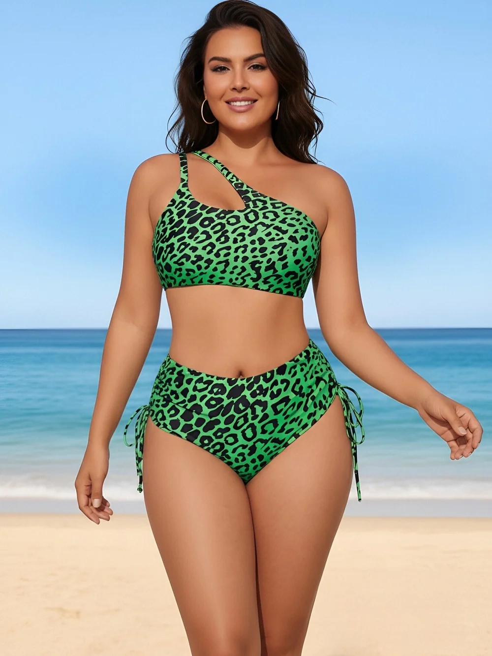 

2026 New Plus Size Women Green Leopard Print One Shoulder Bikini Set Side Tie Two Piece Swimsuit Sexy Slimming