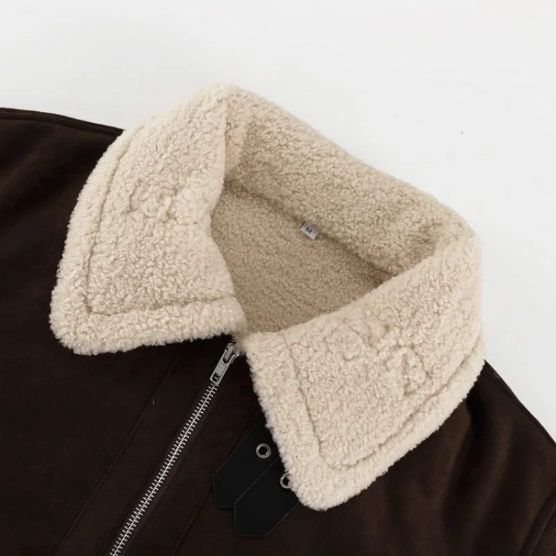 เสื้อโค้ทขนเฟอร์เทียมสีน้ำตาลแบบมีปกเย็บต่อผ้า ซิปหลวม ใส่สบาย อุ่นหนา แฟชั่นลำลองสำหรับผู้หญิง เสื้อแจ็คเก็ตขนแกะเทียมฟูฟ่อง