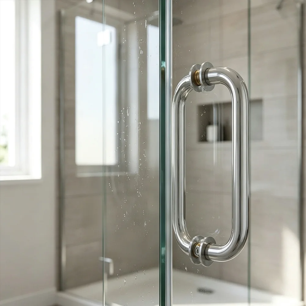 Shower Door Pull Handle with High Polished Mirror Finish SUS 304 Steel and Internal Brass Sleeves for Stability