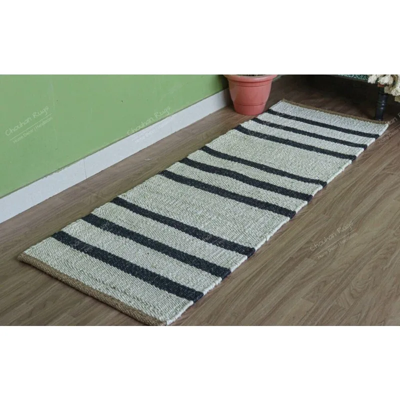 Handwoven White Hemp Jute Rug with Navy Blue Stripes Line Hemp Rug