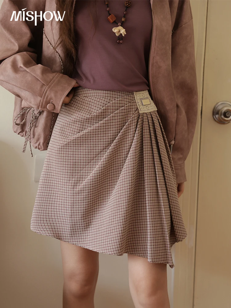 

MISHOW фиолетовая короткая юбка в клетку для женщин, осень 2021, асимметричные юбки с нашивками, короткая юбка трапециевидной формы с эластичной резинкой на талии сзади MXE45B2411