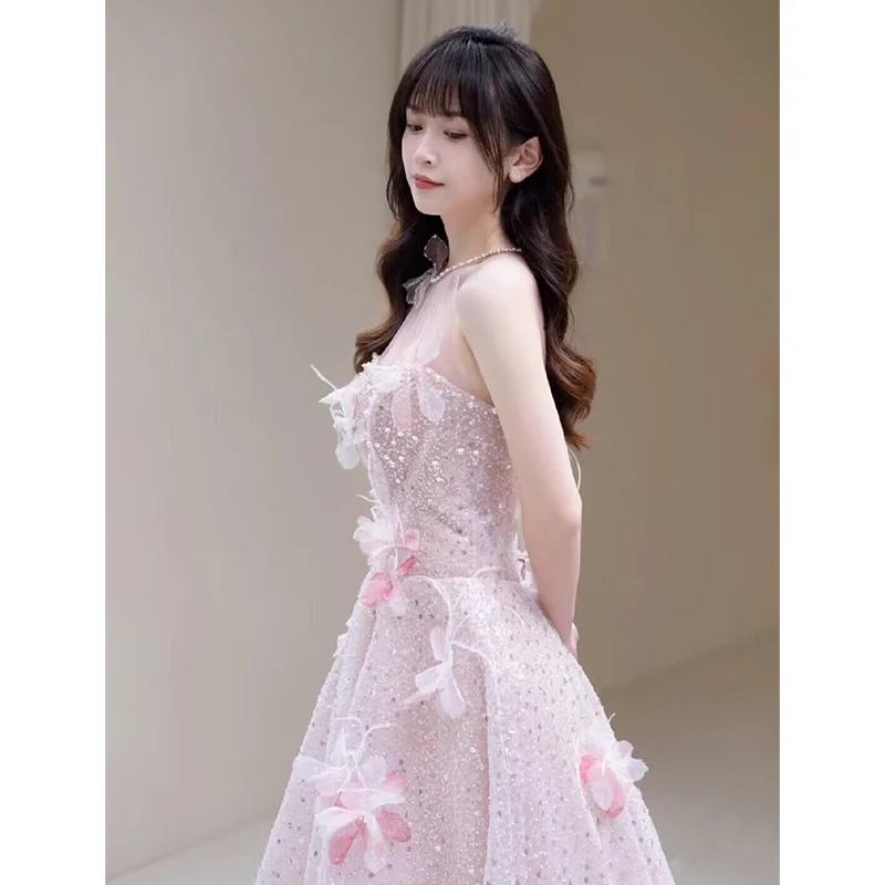 Elegant Party Dresses For Women New Exquisite Flowers Appliques Prom Gown Sleeveless Sequined Long Princess Fairy Robe De Soiree