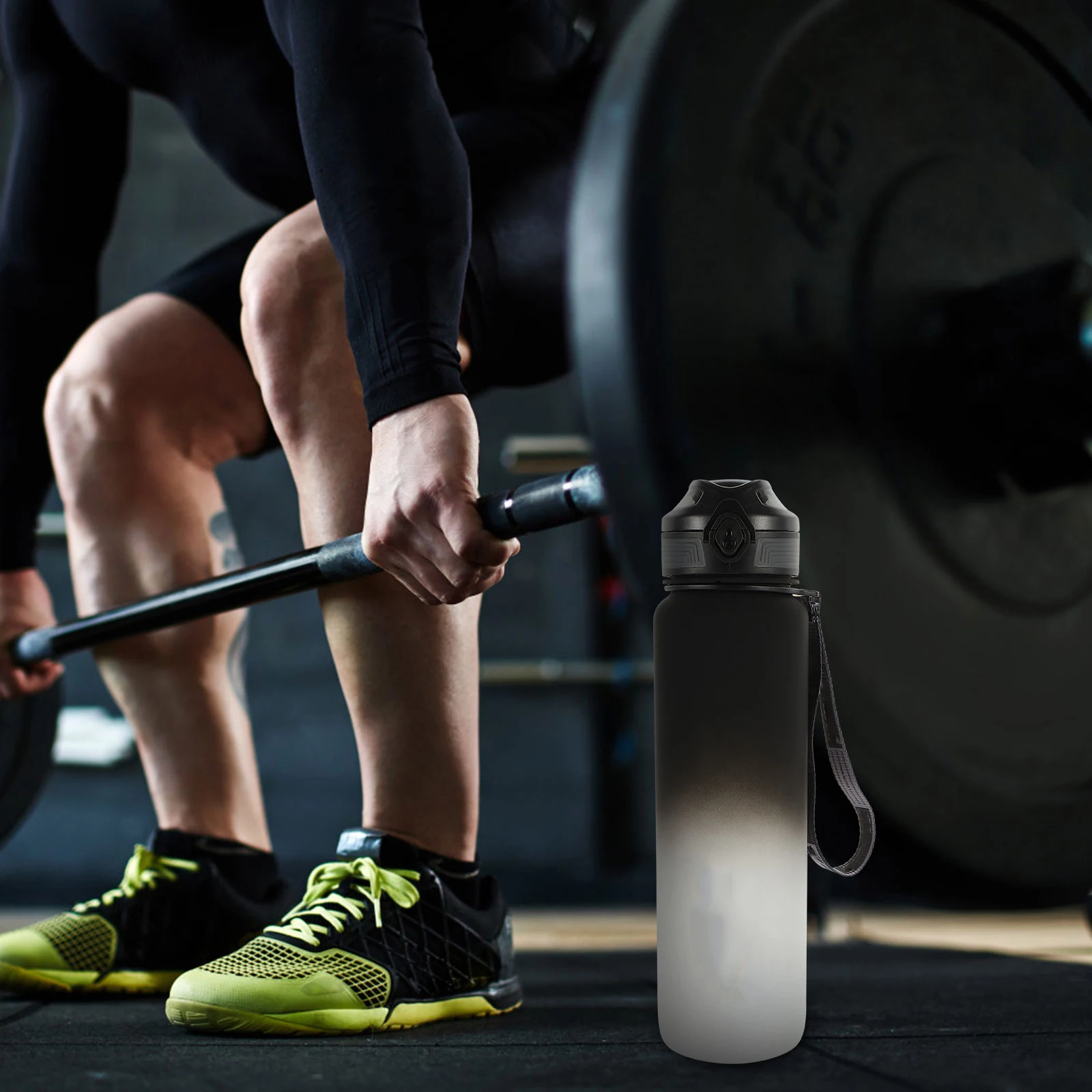 

Leak Proof Sports Water Bottle Large Capacity Outdoor Portable Black Gradient Impact Resistant Strap Non Cover