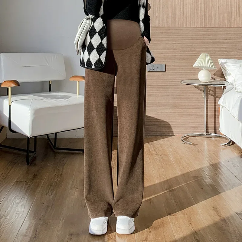 Maternity Belly Pants Pregnancy Clothes Wide Leg Wear Vertical Tube Casual with Velvet and Thickened