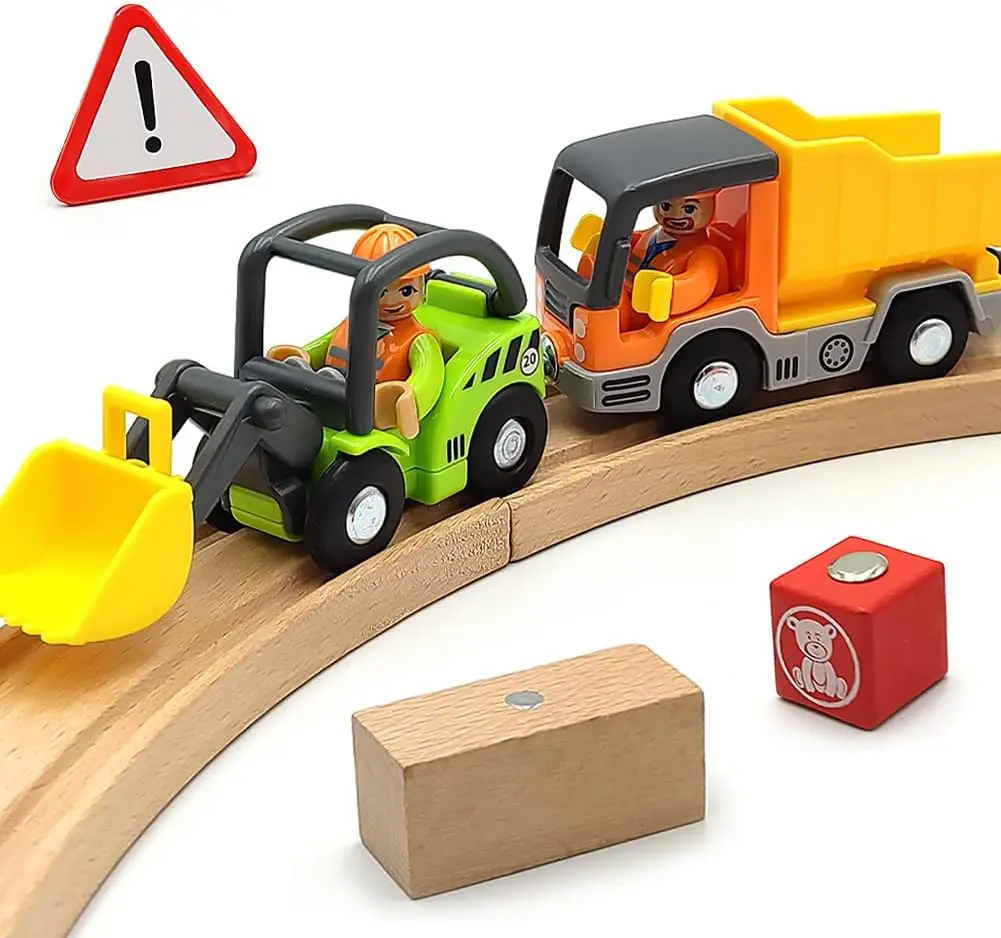 

Wooden Train Cars Track Accessories Set Digger and Dump Truck Small Vehicles Magnetic Train Cars Fit for Wooden Train Track