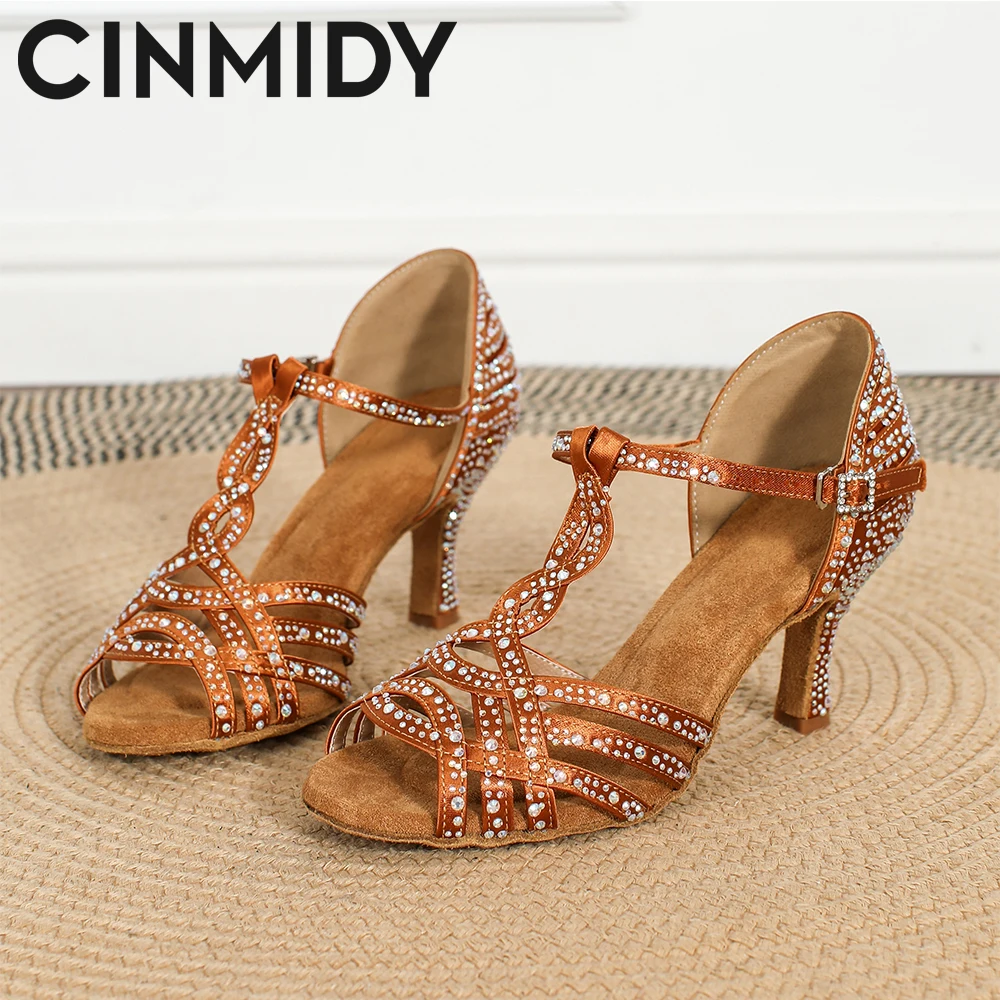 

CINMIDY New Bronze Satin Latin Dance Shoes Women Salsa Tango Dance Shoes Soft Sole Party Sandals Rhinestone Wedding Shoes