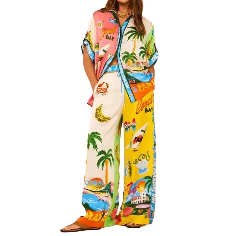 طويلة الأكمام طويلة بانت مجموعات النساء الرجعية التلبيب واحدة الصدر البلوزات بنطلون 2 قطعة مجموعة مطبوعة اللون حجب مرونة الخصر