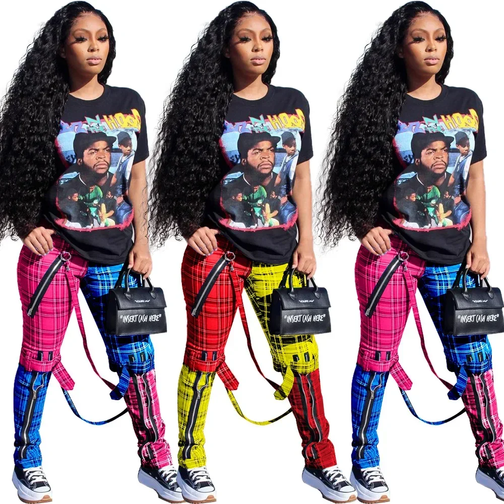 

Women Zipper Pants Plaid Straps New Spring Fashion Pocket Casual Trousers Street Trend Pencil Long Clothing Lugentolo