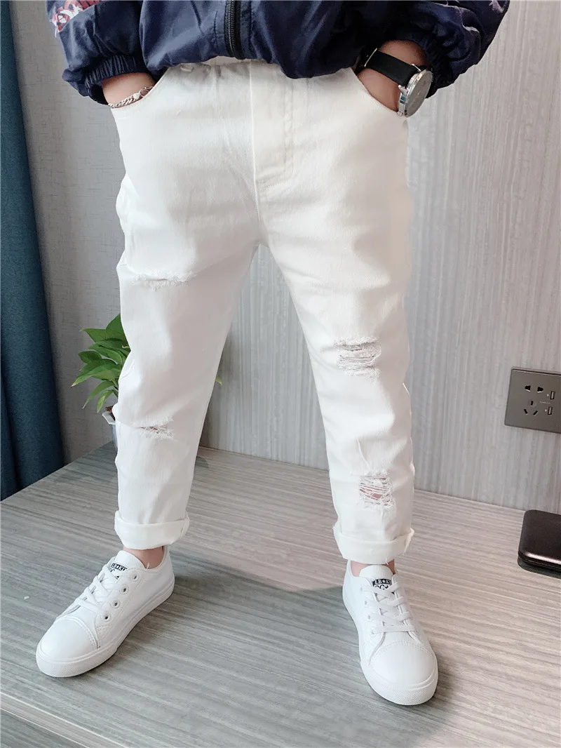 Black White Jeans Men Ripped Straight Trend Ripped Broken Stretch Distressed Casual Denim Trousers Jeans for Boys Hip Hop Pants