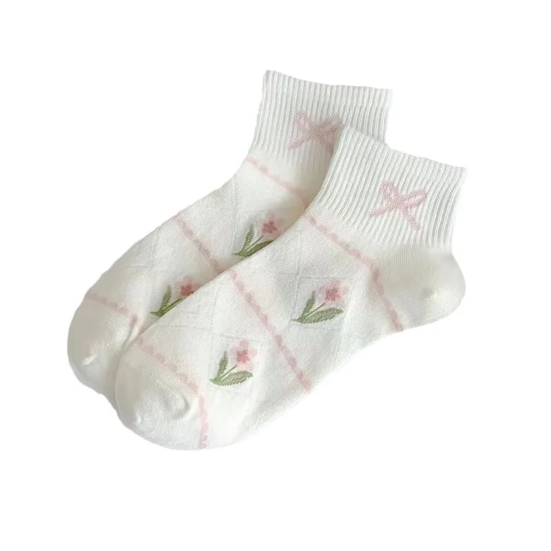 5 pares de calcetines de mujer, calcetines finos de verano con absorción de sudor, estilo universitario, tulipán, calcetines de algodón dulces y encantadores, regalo de ocio para mujer