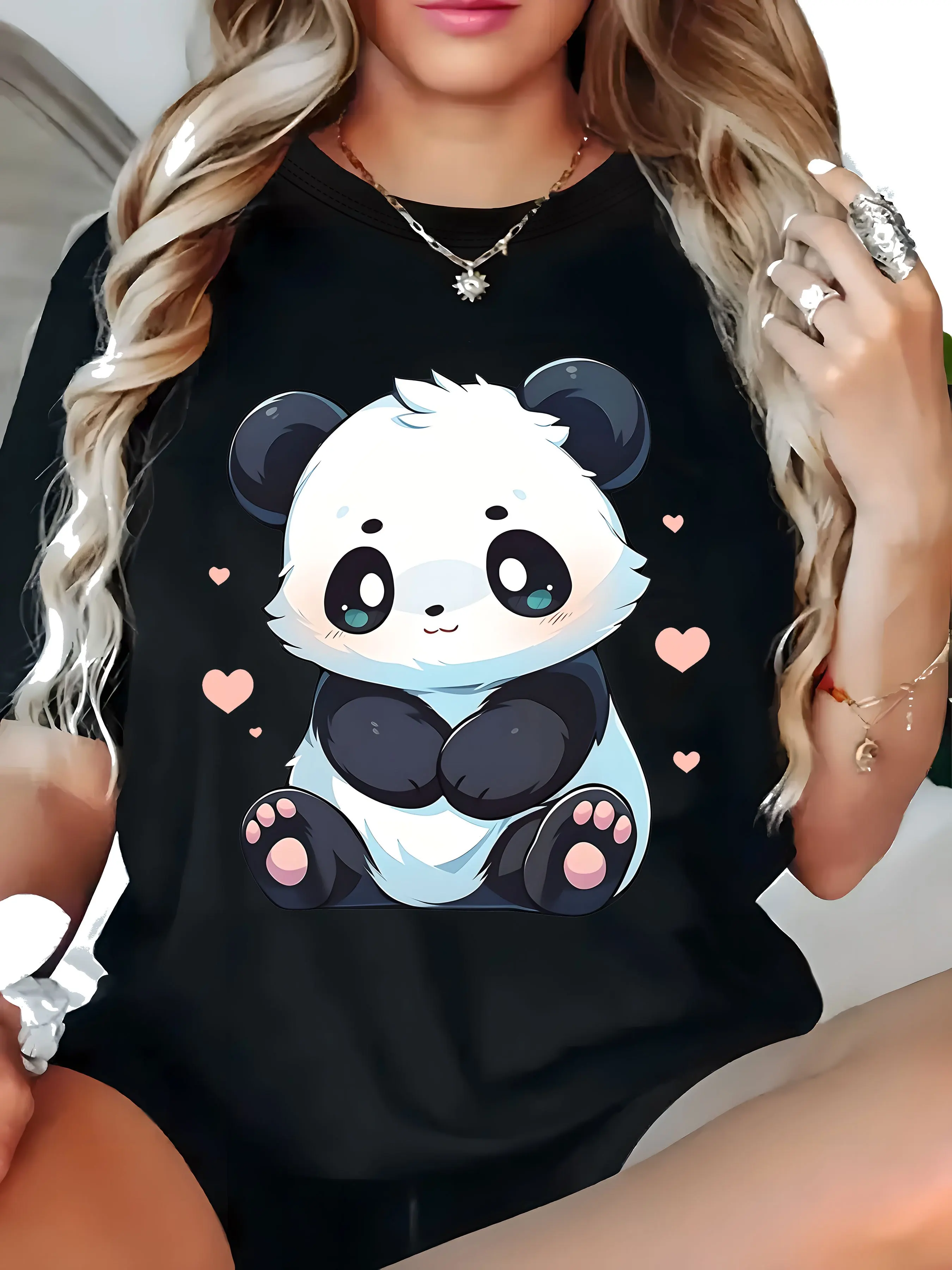 This Women's Black Short-sleeved T-shirt Features A Cute Cartoon Panda and Heart Pattern.Summer Streetwear Graphic T Shirts Y2K