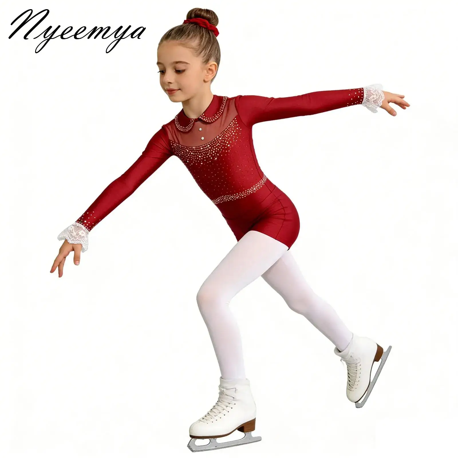 

Kid Girls Ballet Athletic Gymnastics Figure Skating Dance Performance Costume Sparkling Rhinestones Leotard+Shorts+Hairband Suit