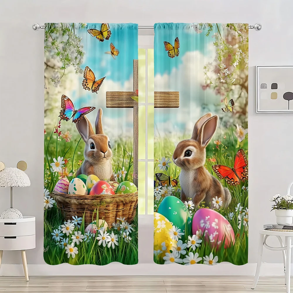 

2pc, Spring party Curtain Easter Bunny and Flowers Machine Washable Polyester,Without Electricity Festive Holiday for Home,