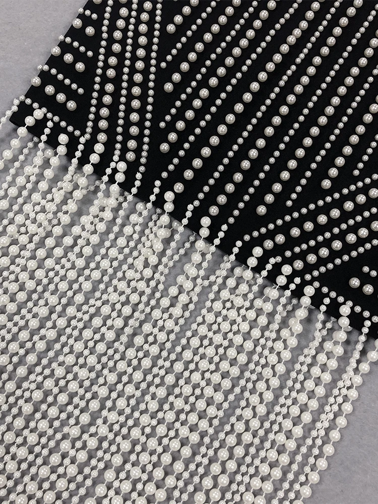 Sexy Strapless Pearl Tassel Mini Bandage Dress Women Black Off Shoulder Backless Beading Bodycon Dresses Party Cocktail Evening