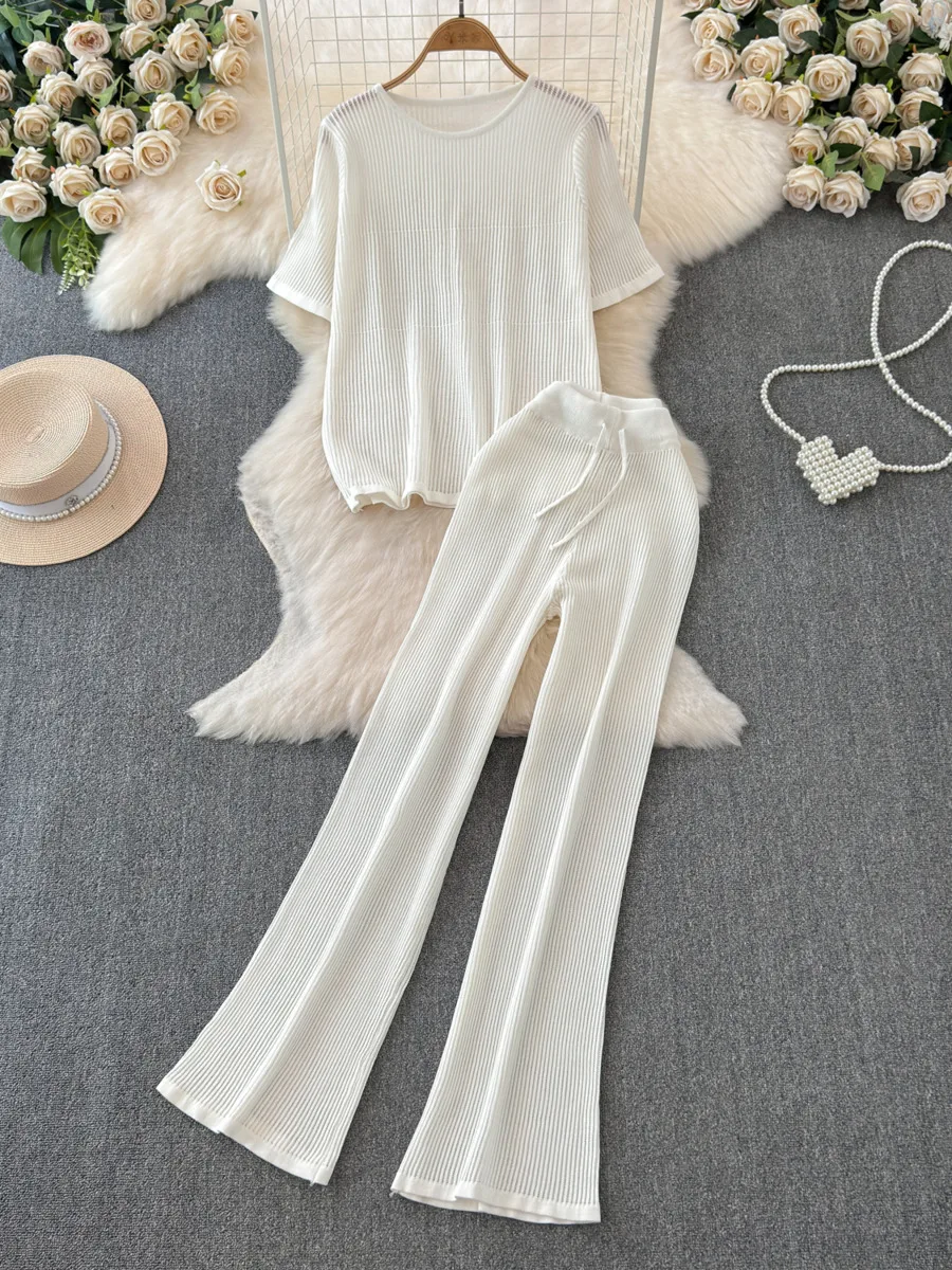 2024 Casual Set Summer New Round Neck Hollow Out Knitted Pullover Top+High Waist Wide Leg Pants Two Piece Set For Women Outfits