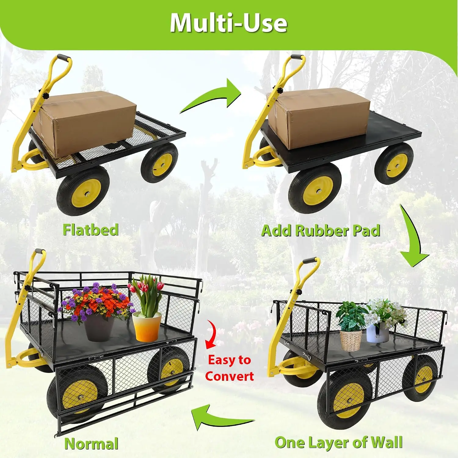 Large Capacity Garden Wagon Carts 12.8 Cu.ft with Removable Mesh Sides to Convert into Flatbed, Yard Cart Garden Cart on Wheels