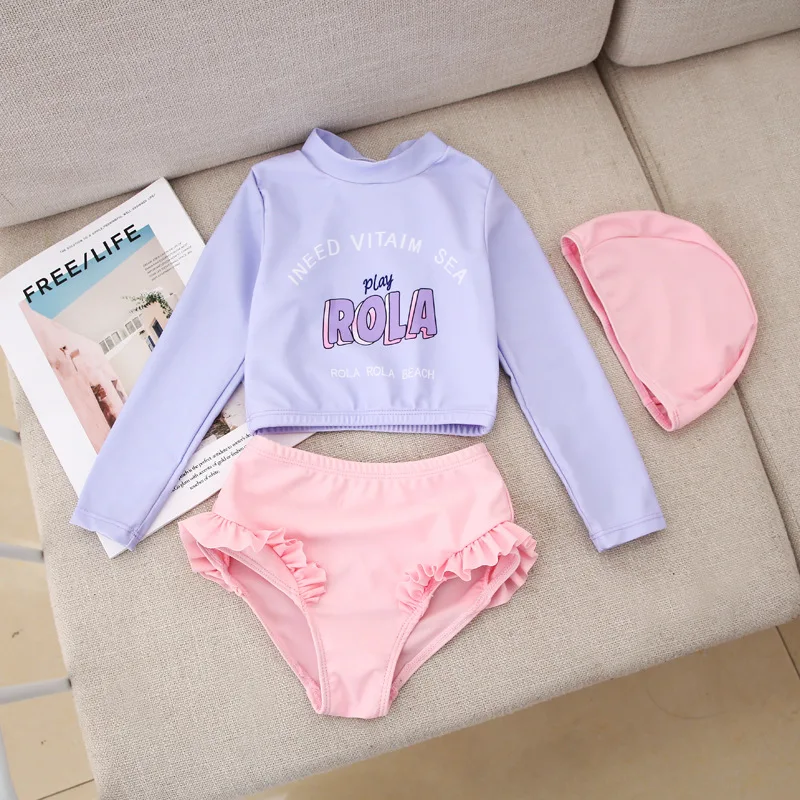 2024 Summer Baby Girls Korean Version Split Swimsuit Set Kids Long Sleeve Top+Bikini+Swimming Cap Three-piece Set Girls Swimwear