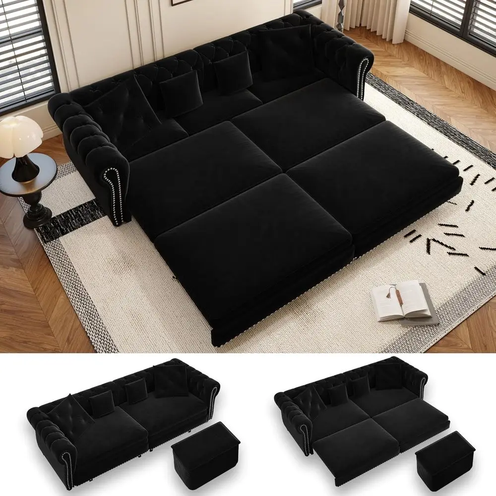 

Velvet Chesterfield Sleeper Sofa with Pull-Out Bed, 3-in-1 Convertible Couch Ottoman, Ideal for Small Spaces, Living Rooms, and