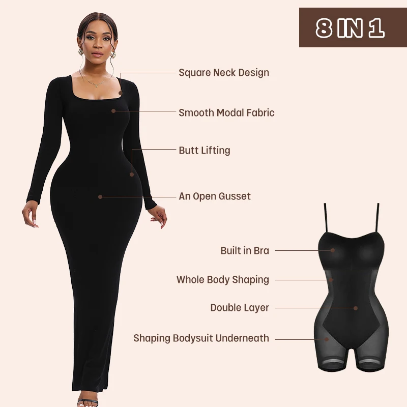 Women Long Sleeve Maxi Shapewear Slips Dress Slimming Waist Hip Enhancer Body Shaper With Built In Bra