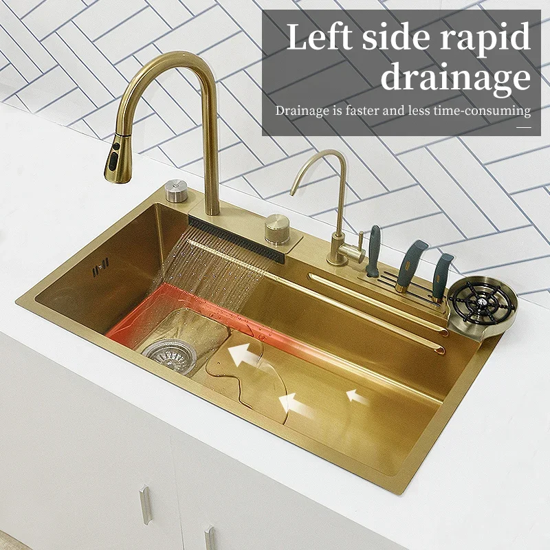 Waterfall Kitchen Sink Gold Stainless Steel Large Single Slot Multifuctional Basin With Knife Holder Left Side Drainage