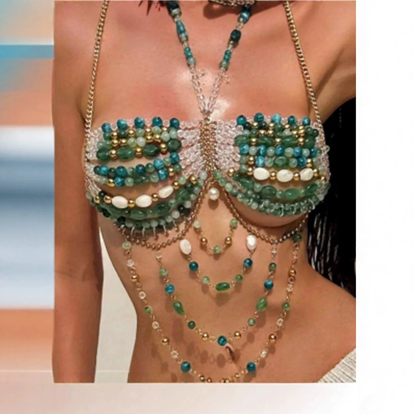 Bohemian Style Turquoise Stone Beaded Halter Bra Chain for Women Multi-layer Meal Chain Tops Sexy Dance Show Body Chain Jewelry