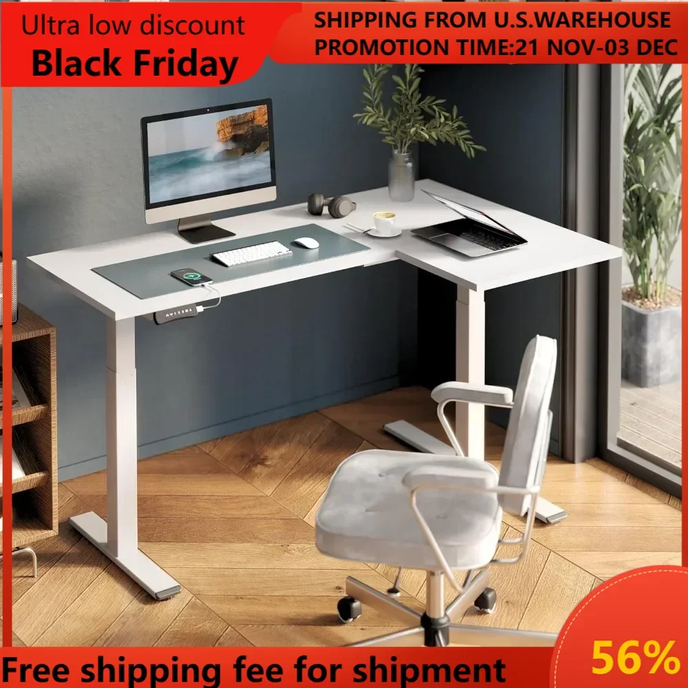 

63-Inch Large Dual Motor L-Shaped Electric Height Adjustable Standing Desk - Reversible Panel - White Top/White Frame