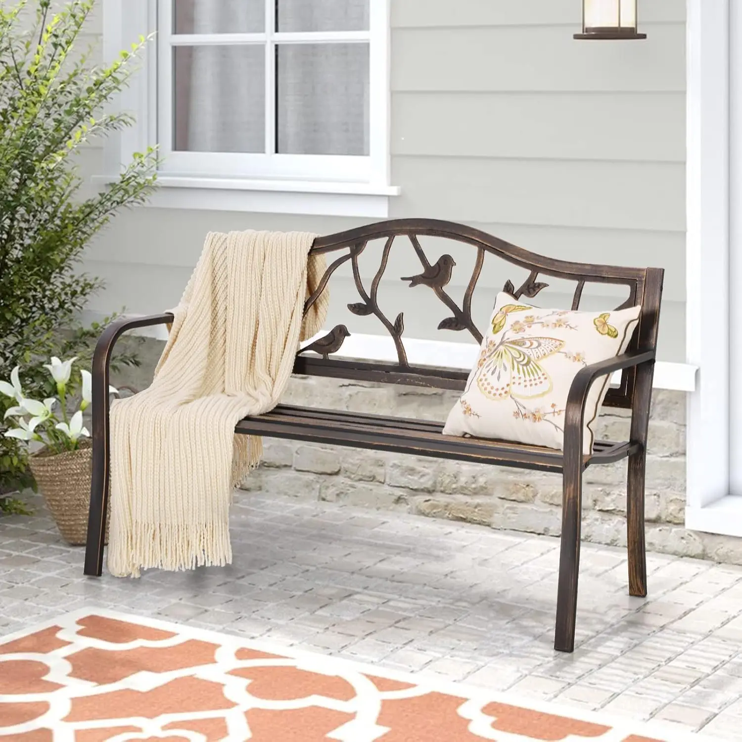 Outdoor Bench, Porch Bench,  Wrought Iron Bench, Outdoor with Backrest and Armrests