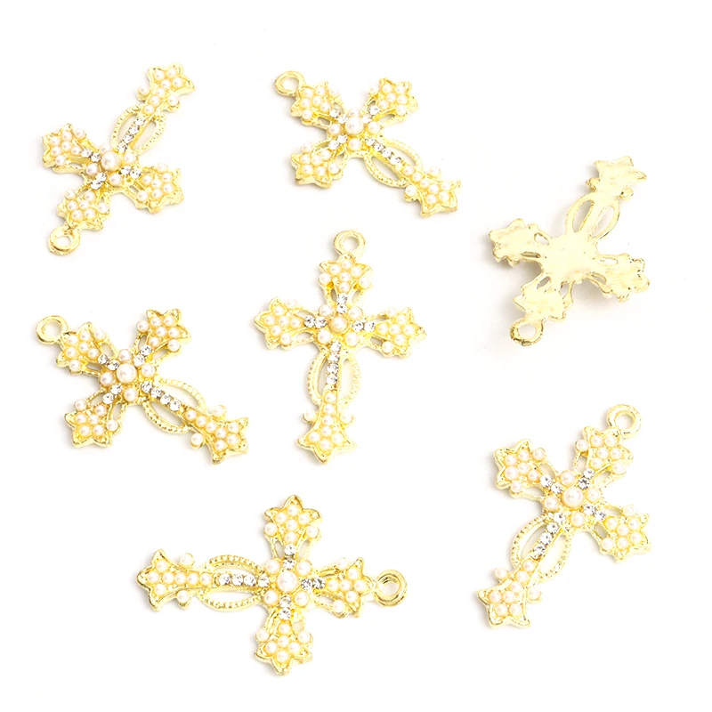 10pcs Baroque Style Rhinestones&Pearls Inlaid Cross Charms for DIY Delicate Shiny Necklace Earring Christian Jewelry Accessories