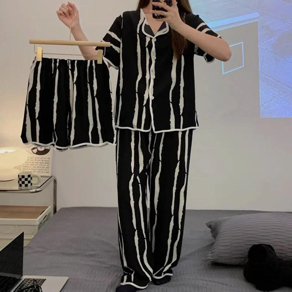 

Модный полосатый пижамный костюм с бантом и коротким рукавом с воротником с лацканами, женский комплект одежды для сна, свободная домашняя одежда из трех предметов, ночная рубашка для девочек