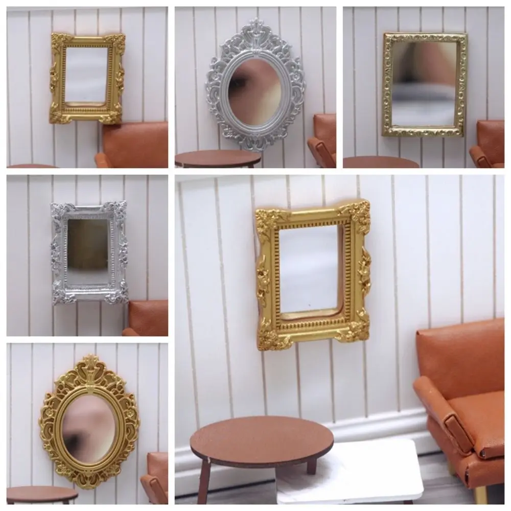 

Pretend Play 1:6/1:12 Doll House Furniture Retro Metal Border Miniature Toy Mirror DIY Carving OB11 Simulation Handle Mirror