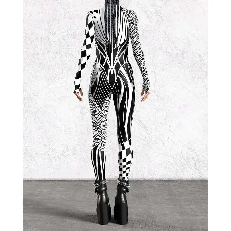 أسود أبيض غير النظامية سايبر الفن شريط بذلة عطلة حفلة تأثيري حلي هالوين يظهر النساء ارتداءها أداء Zentai