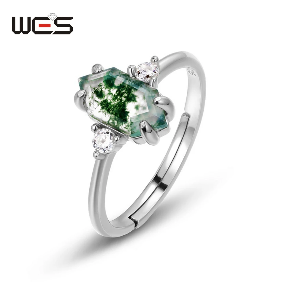 WES 100% 925 Silver Natural 5*10mm Moss Agate Gold Open Rings For Woman Geometric Engagement Gift Fine Jewelry Wholesale