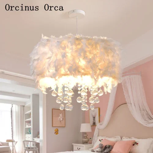 Nordic modern color feather chandelier  Bedroom Princess Room children's room lamp creative pink LED Crystal Chandelier