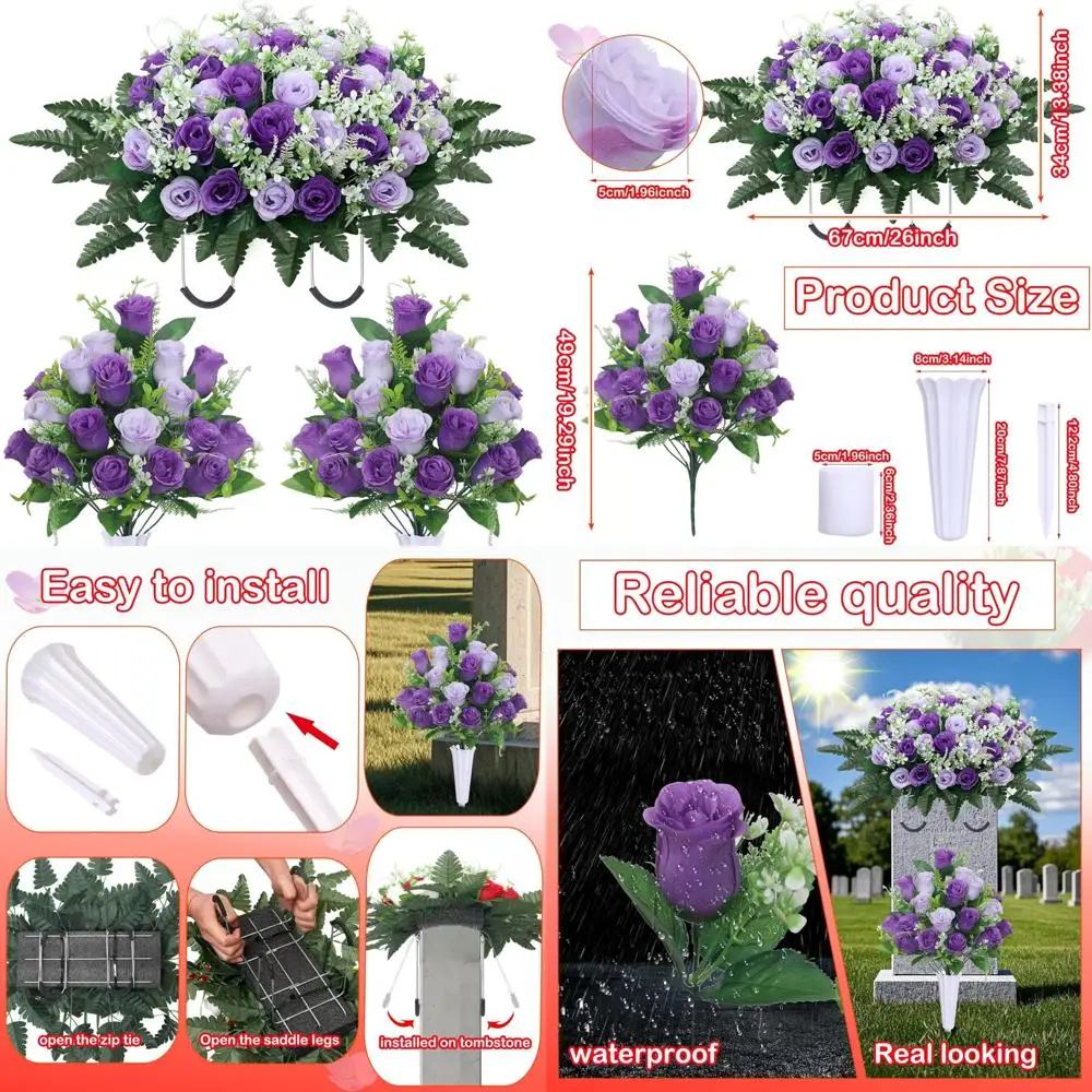 Purple Cemetery Memorial Rose Headstone Flowers with Vase for Tombstone Decoration
