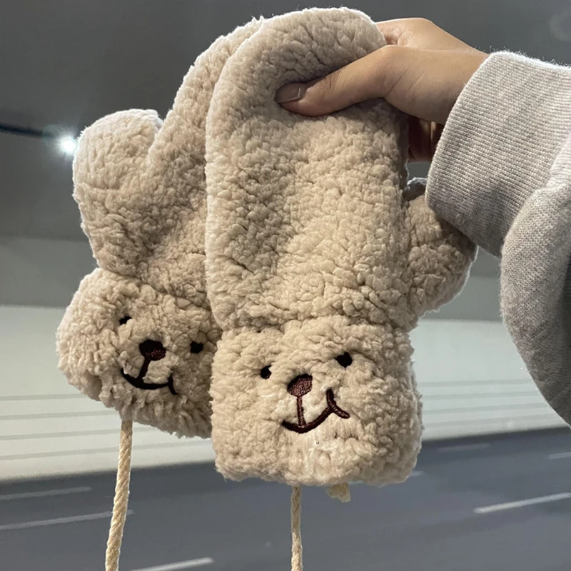 Plush Cute Bear White Gloves Plush Thickened Winter Keep Warm Outdoor Ride Cold Windproof Mittens Hanging Neck Christmas Gifts