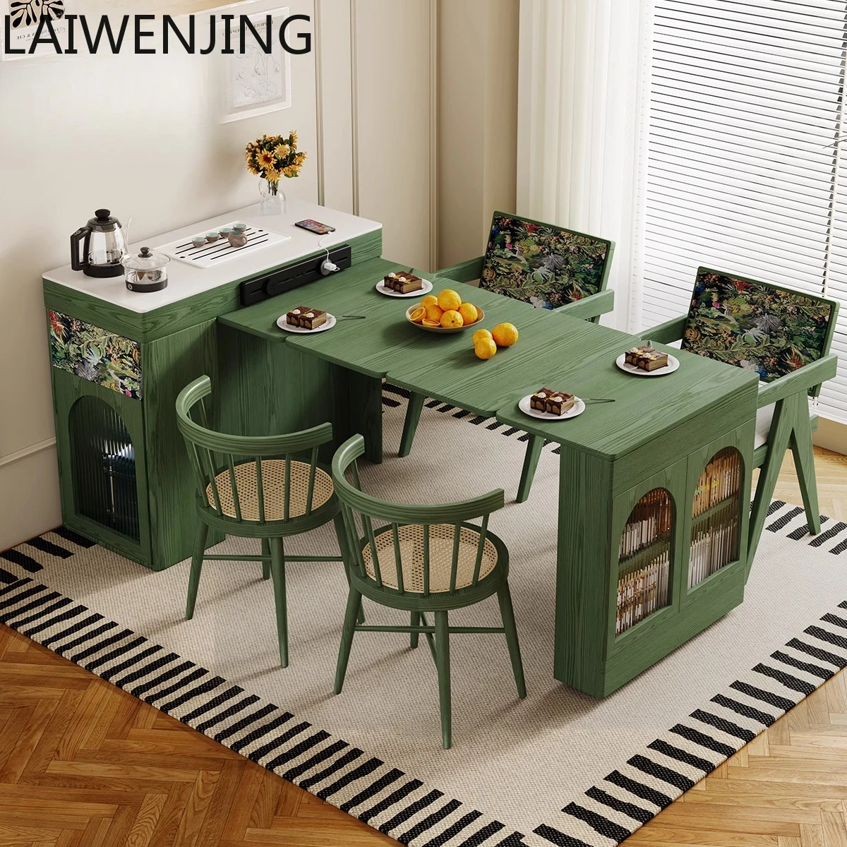 

HLZ retro retractable dining table solid wood island dining table integrated folding dining table multi-functional tea