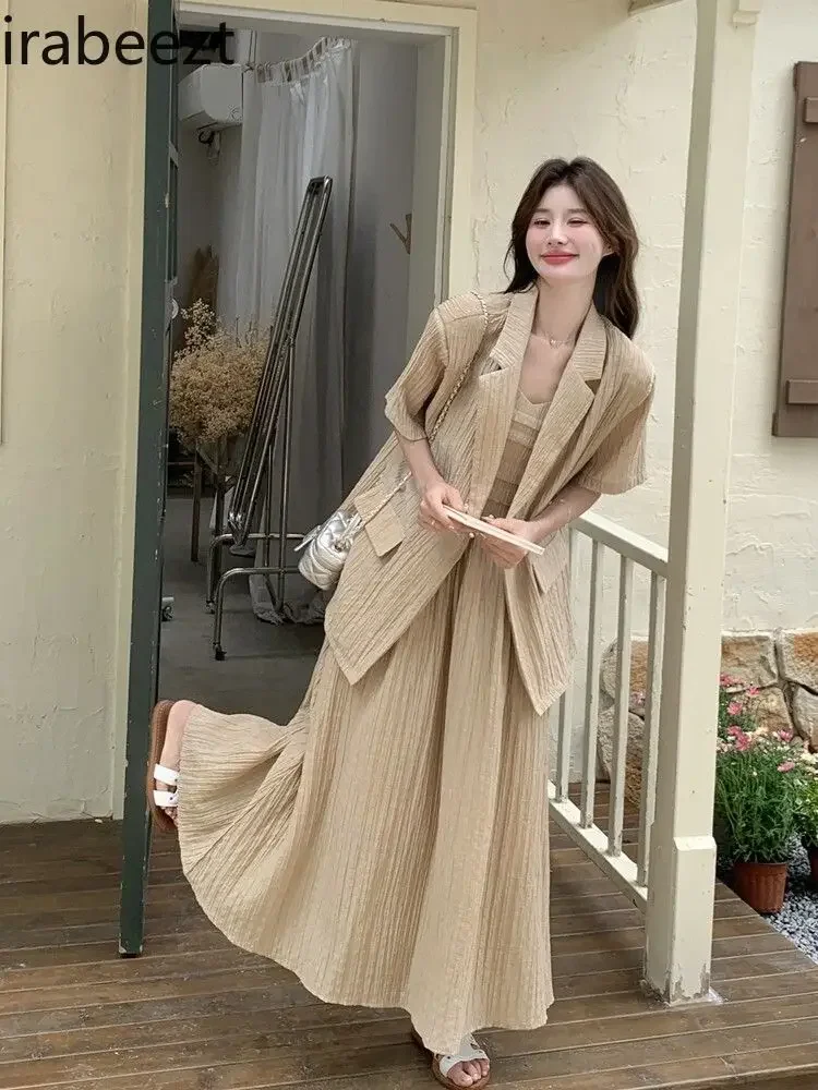 

High-grade Short Sleeve Suit Halter Dress Set Female Summer Street Wear Hot Sale Summer Womens Two Peice Sets