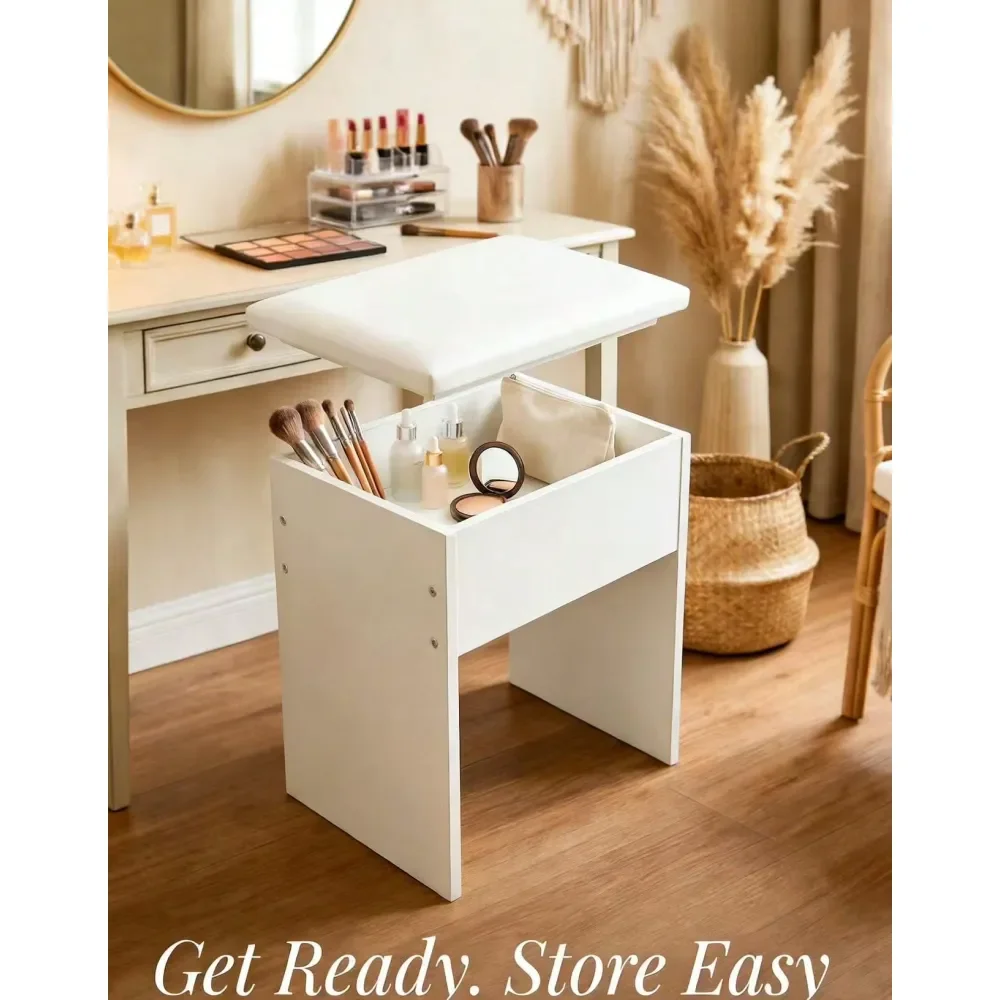 

Stool With Hidden Storage, Modern holstered Makeup Chair, Soft MultiFunctional Footstool For Bedroom, White