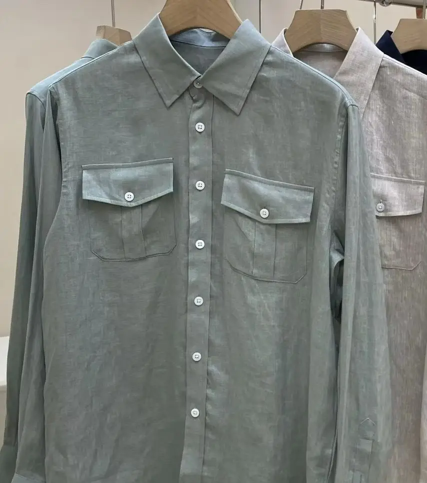 

Italian LP Men's 25 Early Autumn New Solid Color Multi-Pocket Lapel Shirt Men's Casual Linen Long Sleeve Shirt