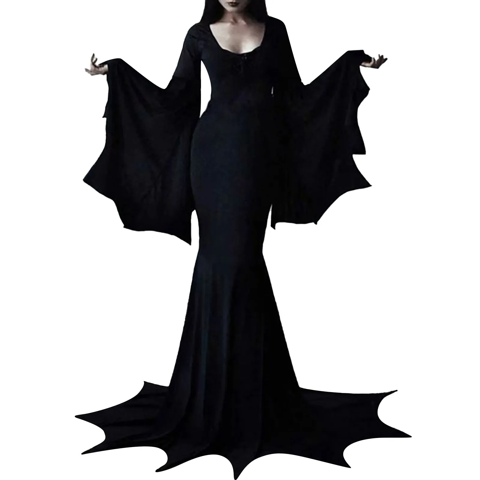 Morticia Addams Dress Gothic Women V Neck Long Dress Casual Long Batwing Sleeve Cosplay Costume Slim Fit Party Club Clothing