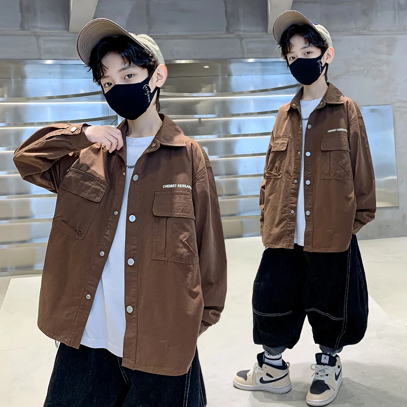 

Autumn Children Brown Color Long Sleeve Cargo Shirt for Teens Boys Casual Spring Clothing School Kids Blouse woth Front Pocket