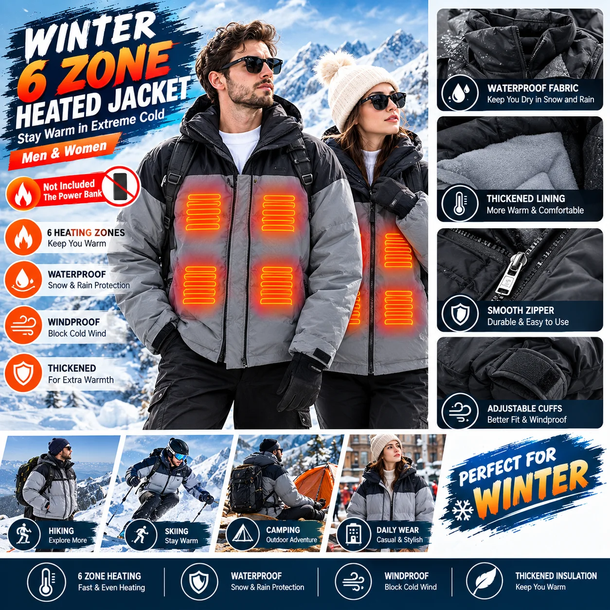 Winter 6 Zone Heated Jacket Men Waterproof Thickened Heated Coat Winter Women Outdoor Warm Jacket(Not Included The Power Bank)