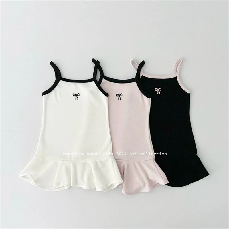 

2025 Summer New Girls Sling Vest Kids Long T Shirts Cute Bow Girls Sleeveless Princess Dress Cotton Children Clothes