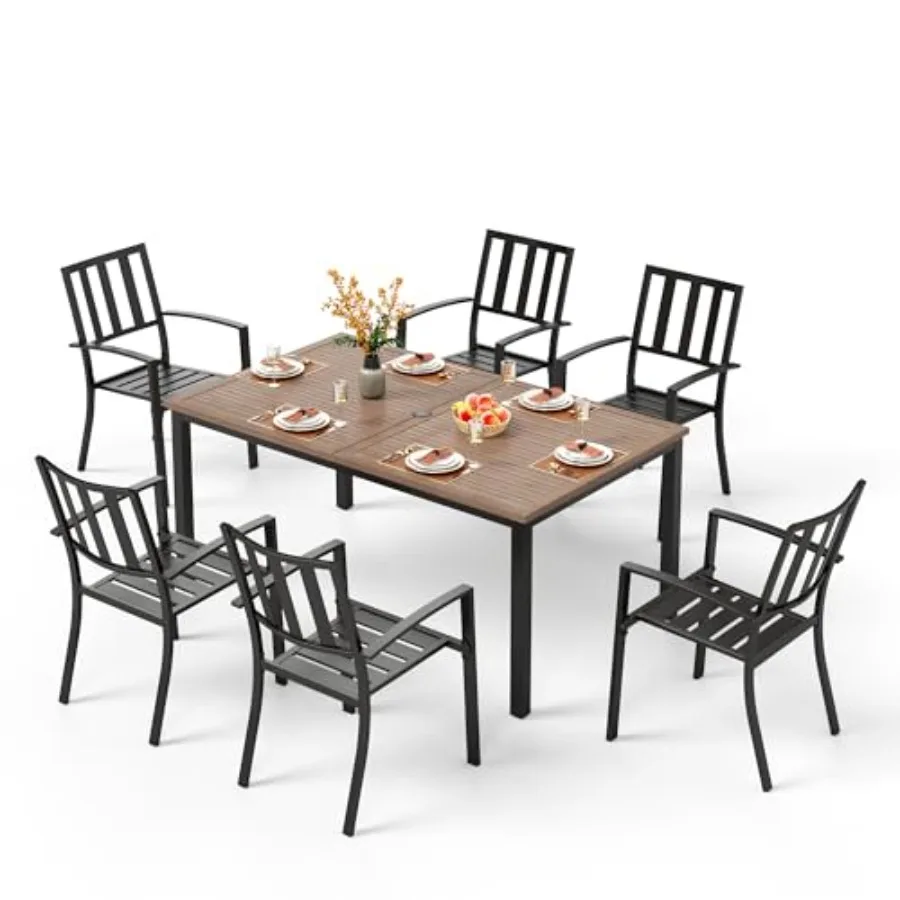 

Обеденный комплект PHI VILLA из 7 предметов для 6 персон: стол 65 дюймов под дерево и стулья из черного металла, штабелируемые, большой размер