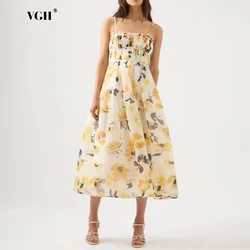 VGH Floral Printing A Line Long Dresses For Women Square Collar Sleeveless High Waist Folds Pullover Elegant Dress Female New