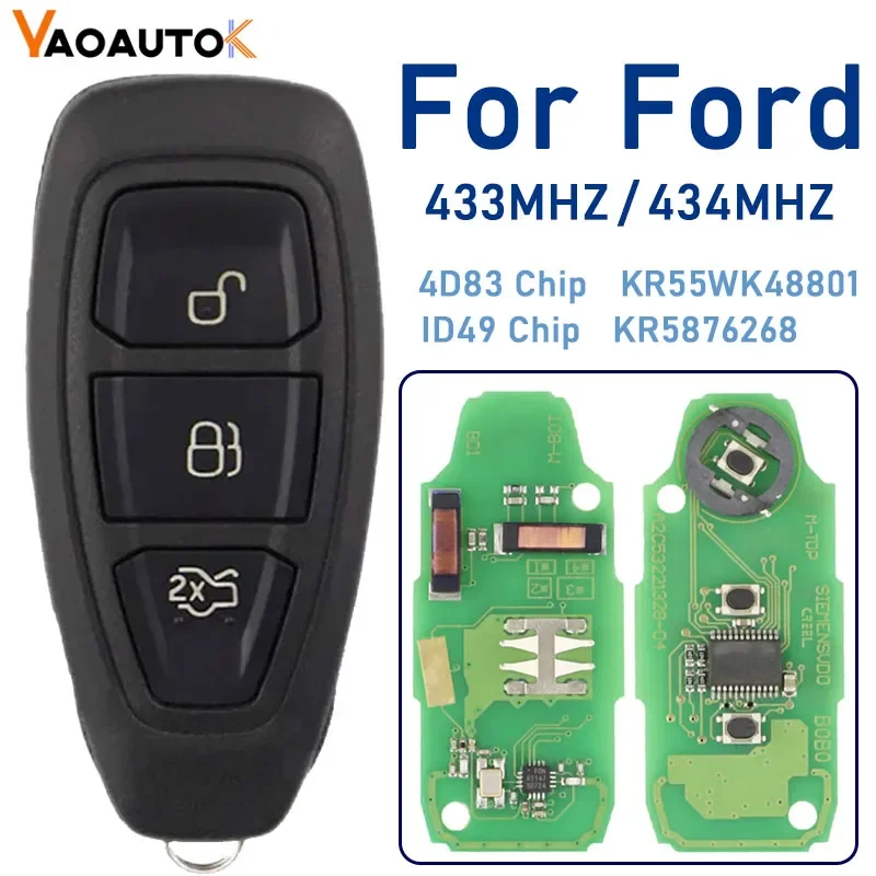 

Keyless Go Smart Remote Car Key For Ford Focus Kuga Fiesta C-Max Mondeo B-Max 3 Buttons 433MHz FSK with 4d83 49 Chip HU101 Blade