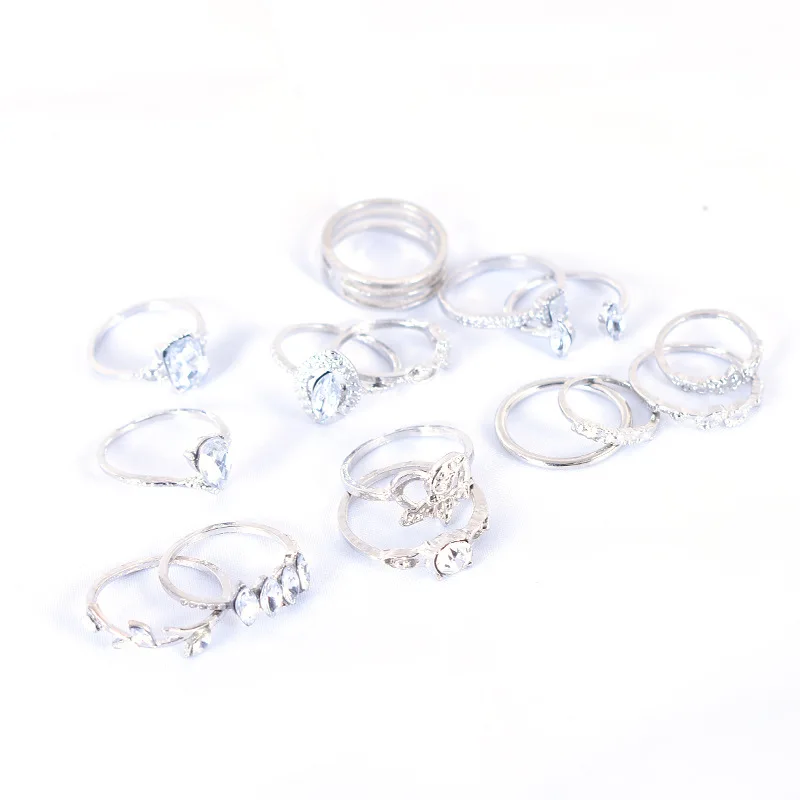 Vintage Bohemian Style 15 Pieces Ring Set for Women Inlaid Rhinestone Metal Ring Fashion Jewelry Party Gifts For Girls