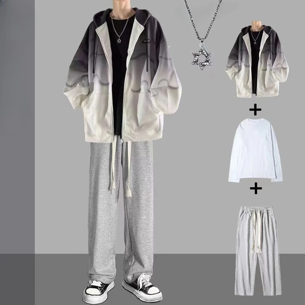 Teen Boys Gradient Jacket 4 Piece Set Spring Autumn Fashion Cardigan Outfit Casual Wear