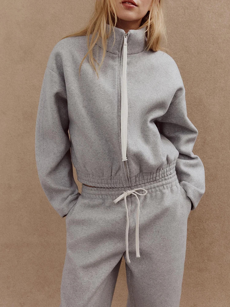 

Spring New Arrival Women's Long Sve Jaet Coat Casual Buet Pants Two-Piece Set Zipper Closure Stand Collar Long Pants