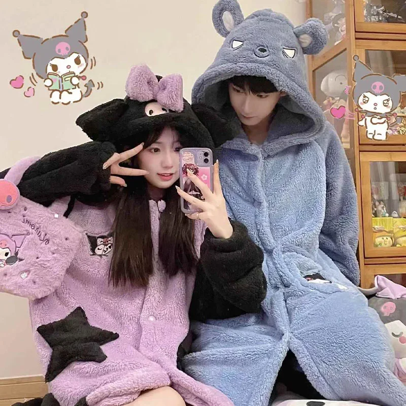 

Kawaii Sanrioed Plush Pajamas Suit Cartoon Kuromi Winter Women Hooded Nightgown Long Cute Girls Thickened Warm Sweet Tops Pants